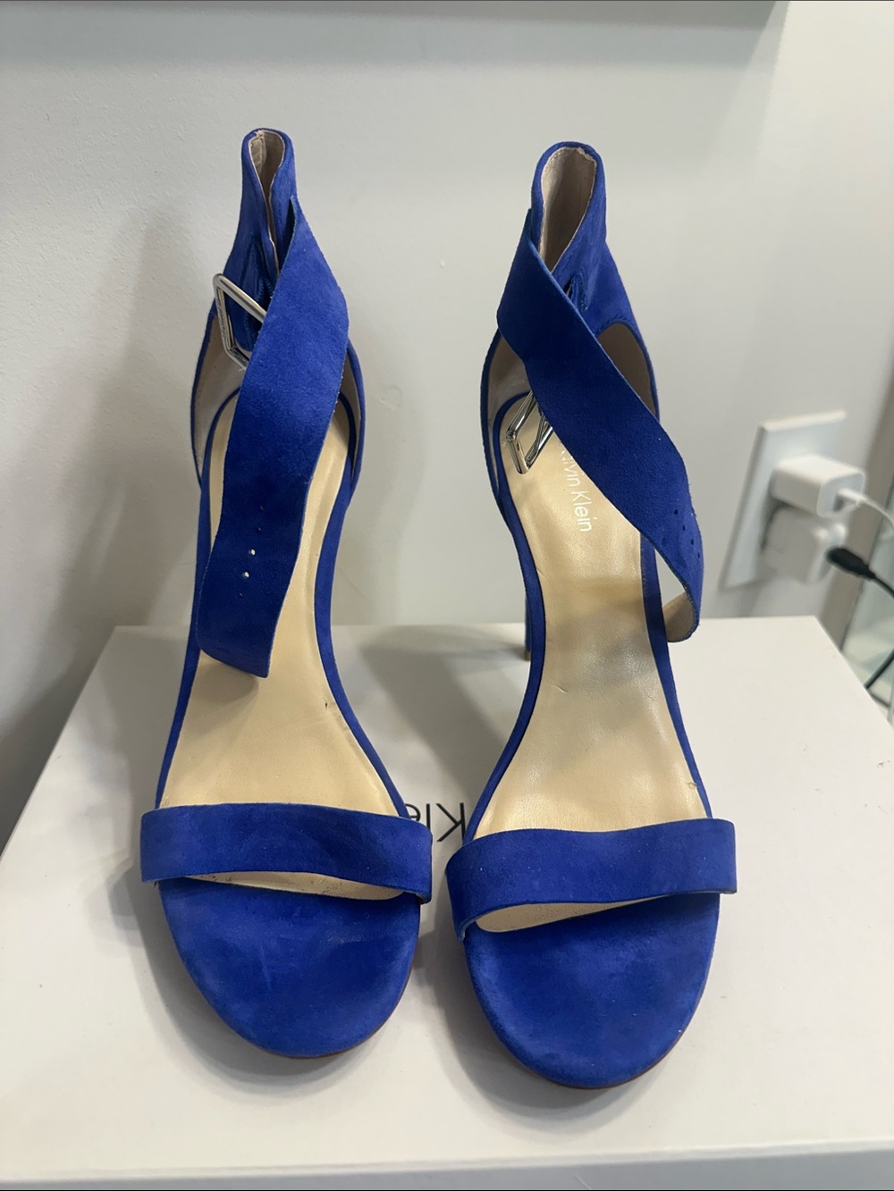 Calvin Klein Cobalt Blue Suede Crisscross Ankle Strap Heels